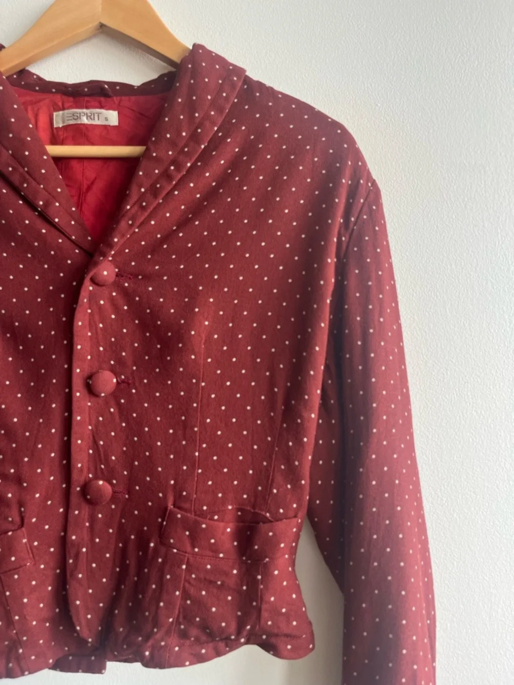Vintage Esprit Polka Dot Burgundy Cropped Blazer Women Size S Spring Trend ❤️ - Picture 3 of 15